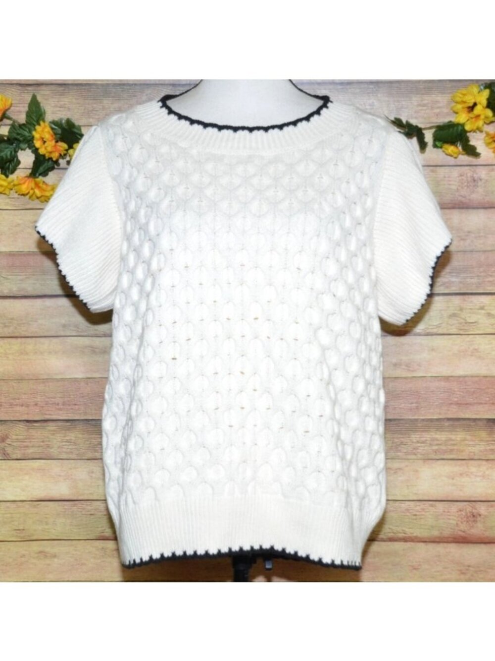 NWOT Oddy Ladies L Cream Textured Knit Sweater Short Flutter Sleeves Preppy